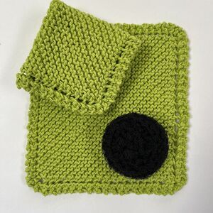 Hand Knit Dish Cloth Set of 2 Plus Scrubbie 100% Cotton Chartreuse Green Black